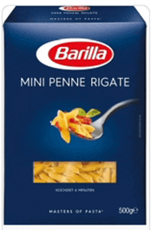 a blue box of barilla mini penne rigate