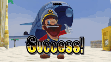 a cartoon character giving a thumbs up in front of a plane and the words success