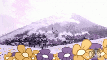 a cartoon drawing of a castle with purple flowers in front of it