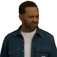a man with a beard is wearing a denim shirt and a white shirt