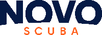 a logo for novo scuba is shown in blue and orange