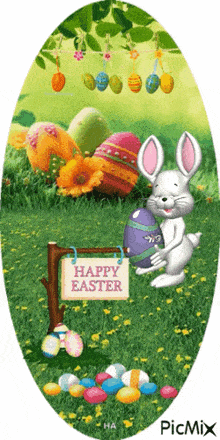 a picture of an easter bunny holding an egg with a sign that says happy easter