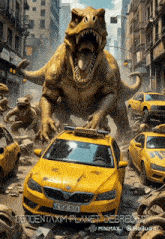 a painting of a t-rex attacking a taxi cab with a license plate that says a904 h70