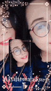 a woman wearing glasses and a blue shirt with the words assalamualaikum