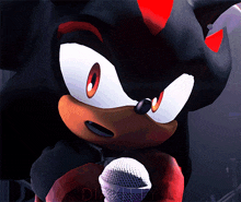 a shadow the hedgehog holding a microphone with the word dizzy on the bottom left
