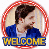 a welcome sticker with a man in a blue suit