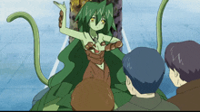 a cartoon drawing of a girl with green hair and a tail