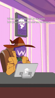 a cartoon of a wizard sitting at a desk with a laptop and a sign that says wizard studio on it