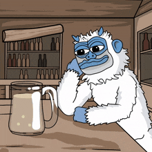 a cartoon of a yeti sitting at a bar next to a glass of beer