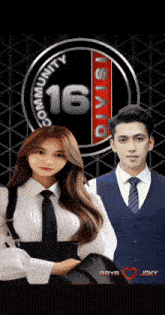 a man and a woman are standing in front of a sign that says community 16 divisi