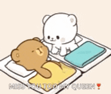 a cartoon bear with wings is kissing another bear with the words `` miss you too my queen '' .