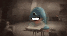 a cartoon character is smiling while sitting at a desk in a dark room .