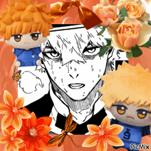a picture of a boy with the number 9 on his shirt surrounded by orange flowers