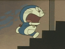 doraemon is jumping up the stairs in a cartoon .