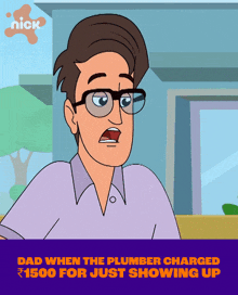 a cartoon of a man with glasses says dad when the plumber charged ₹ 1500 for just showing up