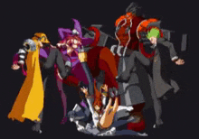 a group of video game characters standing next to each other on a black background