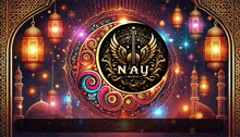 a poster for nau music shows a crescent moon and lanterns