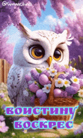 an owl is holding a basket of flowers and eggs