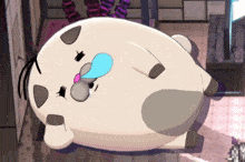 a cartoon drawing of a sheep with a blue tongue sticking out