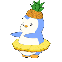 a penguin with a pineapple on its head is wearing a pineapple skirt