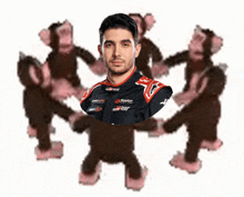 a man in a racing suit is surrounded by pink monkeys dancing