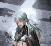 a girl with green hair is wearing a mask and gloves