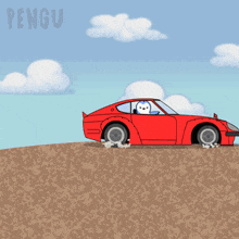 a penguin is driving a red car on a dirt hill
