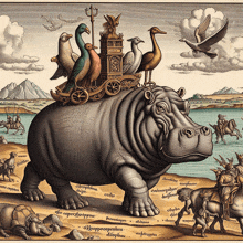 a hippopotamus with birds on top of it and the word hippopotamus on the bottom
