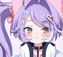 a girl with purple hair has a heart shaped hair clip on her forehead