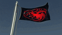 a black and red flag with a dragon on it