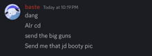 a screenshot of a discord conversation between baste and alr cd