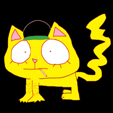 a yellow cartoon cat with a green hat and a cigarette in its mouth