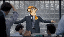a cartoon of a man in a suit with a monkey head holding a pizza slice
