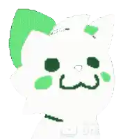 a pixel art of a white cat with green spots on it 's face .