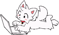 a black and white drawing of a white cat using a laptop computer .