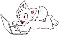 a black and white drawing of a white cat using a laptop computer .