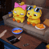 two cartoon ducks are sitting on a couch with a bag of fruits and nuts in the background