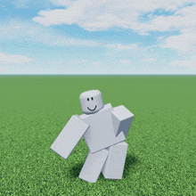 a white roblox character with a smile on his face is standing in the grass