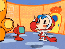 a cartoon character with the letter l on her shirt