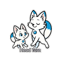 a sticker of two white foxes with the words head turn on it