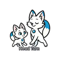 a sticker of two white foxes with the words head turn on it