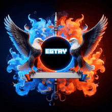 two bald eagles standing in front of a circle that says egtay