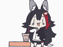 a cartoon of a wolf standing next to a cup of tea .