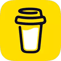 a black and yellow icon of a coffee cup with a lid