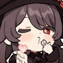 a cartoon girl in a hat is holding a heart in her hand and blowing a kiss .