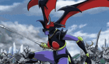 a cartoon character is holding a spear in front of a crowd