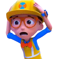 a cartoon character wearing a hard hat and glasses holds his head