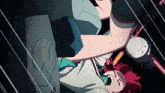 a girl with red hair is laying on her back in a cartoon