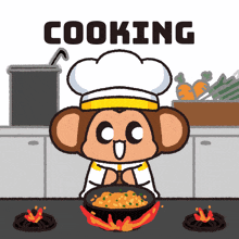 a cartoon of a monkey cooking with the word cooking below him
