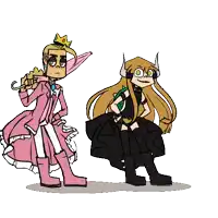 a cartoon of a man in a pink dress and a girl in a black dress with horns